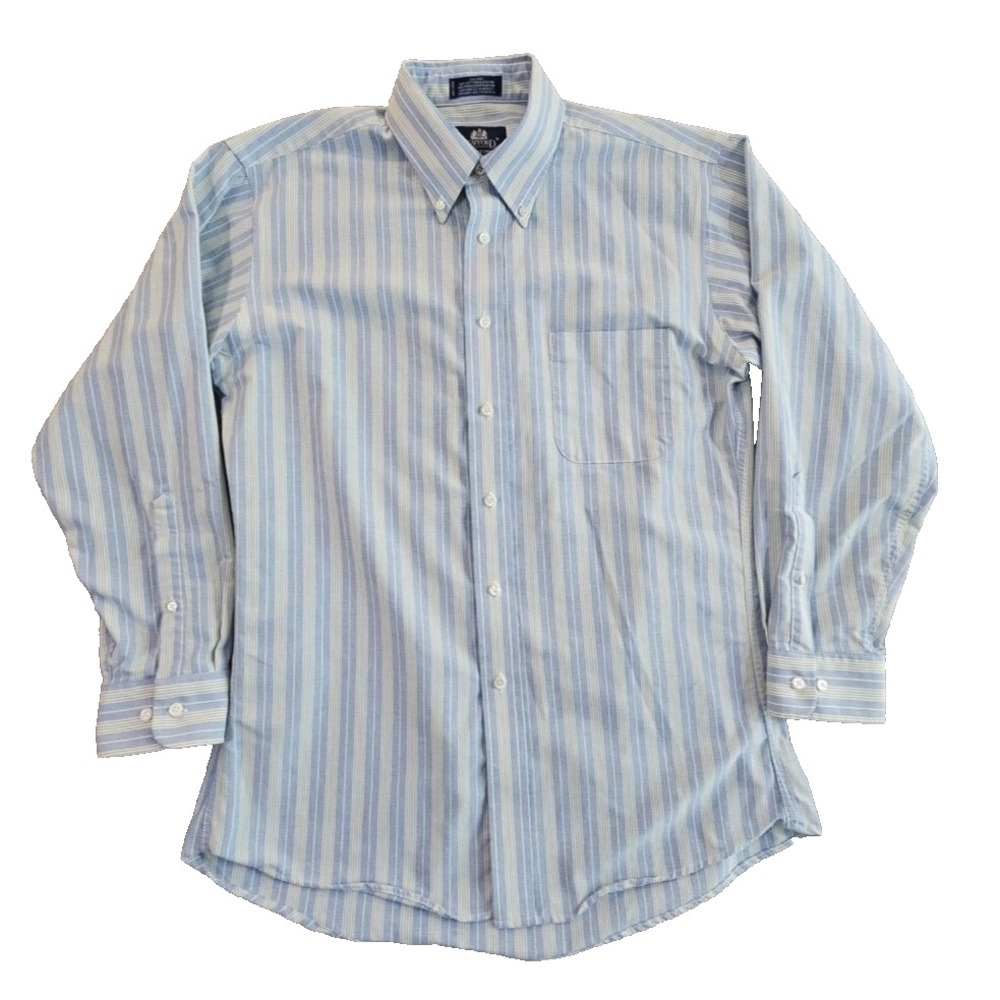 Stafford Mens Oxford Shirt 16 32/33 Blue Yellow Stripe Long Sleeve Button Up EUC